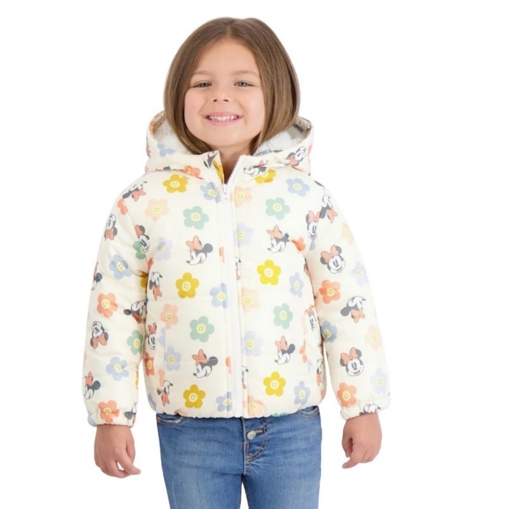 Disney Kids Puffer Jacket - Cream with Floral and Character Print